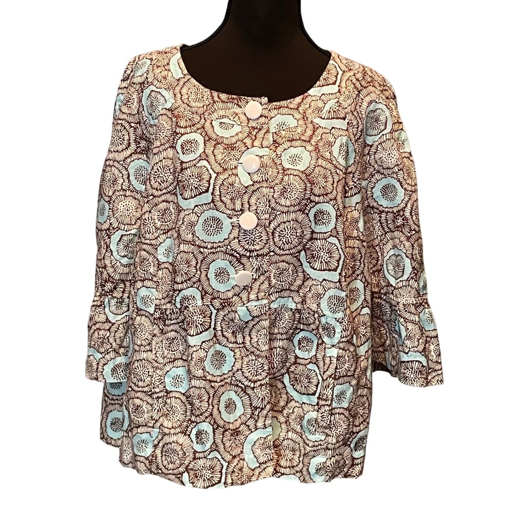 Kim Rogers XL Linen Jacket Brown Blue Mod Circle Print 3/4 Bell Sleeve Lagenlook